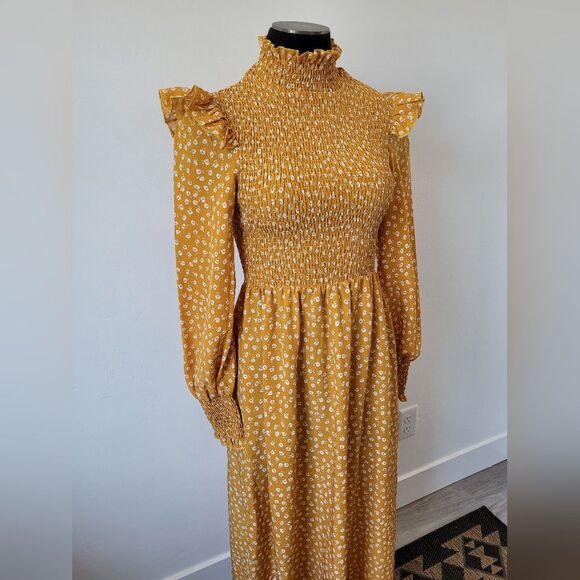 Yellow Floral Maxi Peasant Dress Boho Flounce Flutter Gypsy Hippie Cottagecore S - Picture 1 of 10